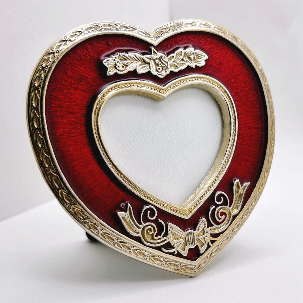 Vintage Heart Shaped Red Enameled Photo Frame w Ornate Gold Tone Accents (EUC)